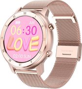Belesy® LOVE -  Smartwatch Dames - Smartwatch Heren - Horloge - Stappenteller - Full Circle – Diverse Wijzerplaten - Bloeddruk - Mutli sport - Milanees - Staal -  Goud