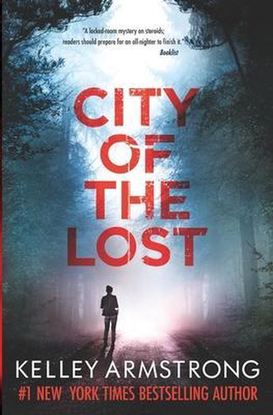 Boekcover 'City of the Lost' van Kelley Armstrong. Een man staat op een bospad, rode letters met de titel boven hem.