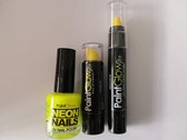Set van fluo neon nagellak, lippenstift en schminkstift -geel