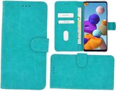 Samsung Galaxy A21 hoes Effen Wallet Bookcase Hoesje Cover Turquoise Pearlycase