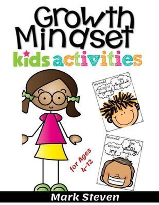 Boek 'Growth Mindset Kids Activities' voor kinderen van 4-12 jaar met een tekening van een meisje en twee werkbladen.