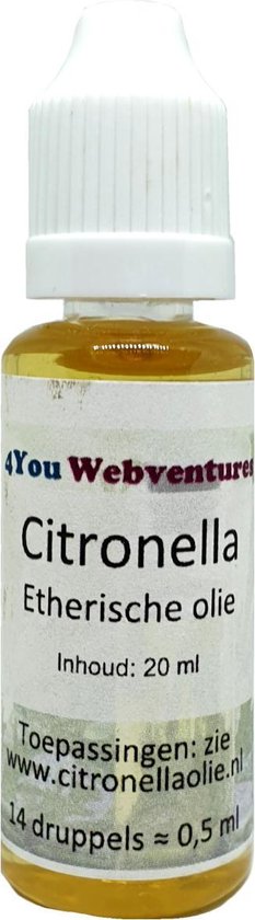 Flesje 20 ml citronella etherische olie met witte dop. Geel-oranje vloeistof.