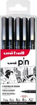 Uni Pin - Handlettering set 5-delig 4 x fineliner 0,05, 0,3, 0,8 en 1,2mm zwart & 1 x brush zwart