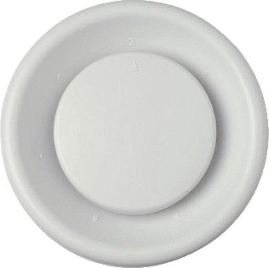 Witte ronde ventilator met genummerde schaalverdeling en een centrale schijf.