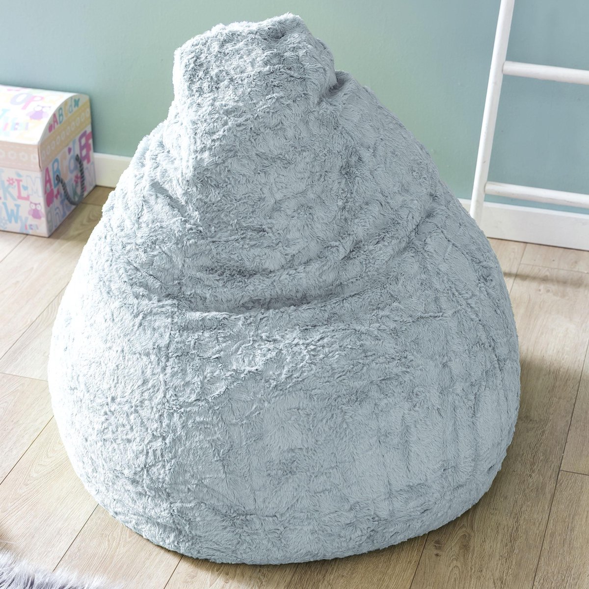 Lumaland Fluffy Zitzak, zitkussen, voor kinderkamer, 60 x 45 cm, wasbare overtrek van geweven pluche, pluizig en zacht vloerkussen voor kinderen, geschikt voor meisjes en jongens, 120 l volume, grijs
