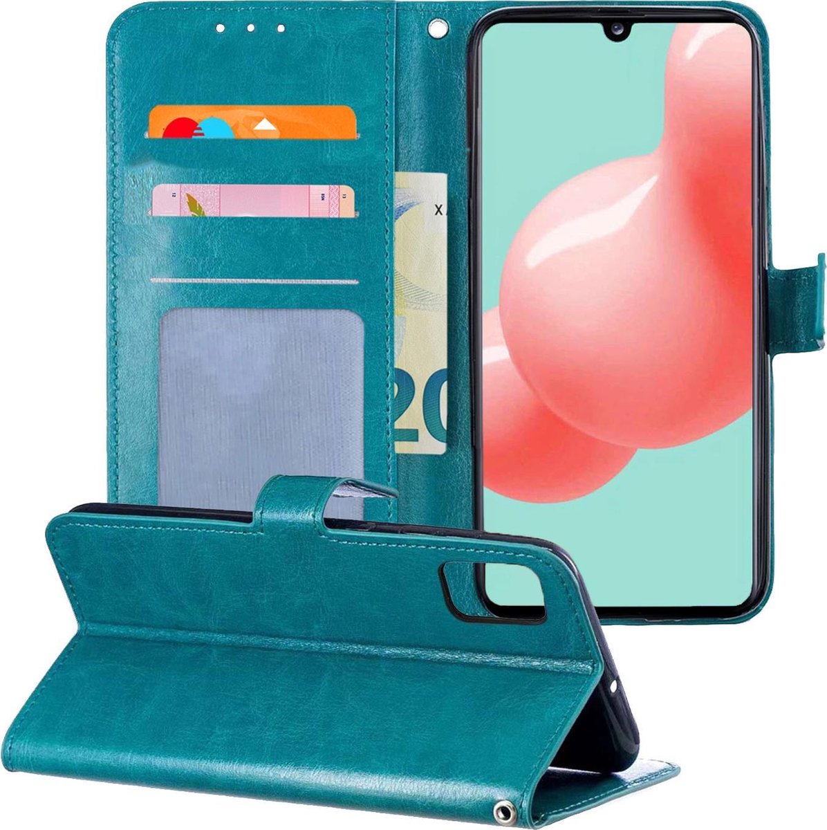 Hoesje - Met Pasjeshouder - Geschikt voor Samsung Galaxy A41 - Luxe Bookcase Portemonee - Flip Case - Kunstleer Book Case - Flipcase - Book Cover - Walletcase - Portemonneehoes - Telefoonhoesjes - Turquoise