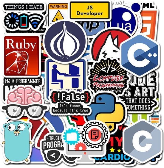 50-delige laptopstickers voor ontwikkelaars, programmeurs voor diverse programmeertalen, inclusief stickers met IT-logo, C ++, Python, Linux, Ruby, Apache, Spark, JS, html5, enz. voor geeks, ingenieurs, hackers, nerds, coders - Setilo
