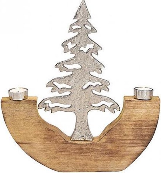Kerstdecoratie - Mangohouten Theelichthouder Met Zilvermetalen Dennenboom - Hoogte 41 cm