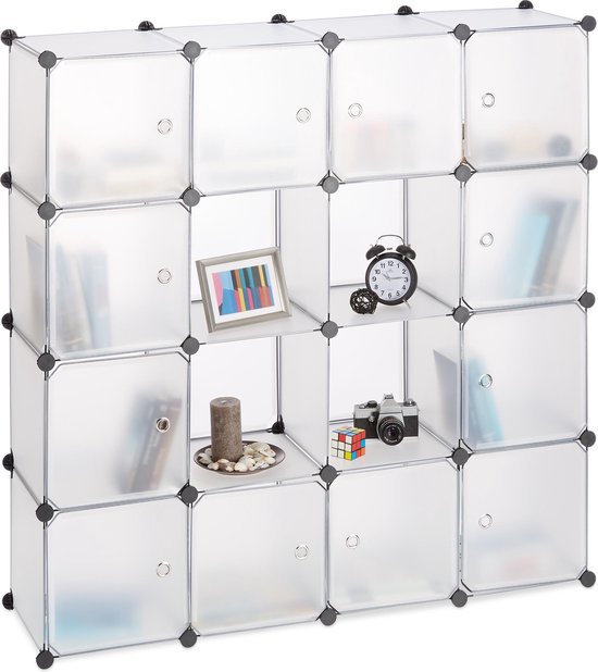 armoire à compartiments relaxdays 16 compartiments - système clic - avec portes - plastique - séparateur de pièce - armoire transparente