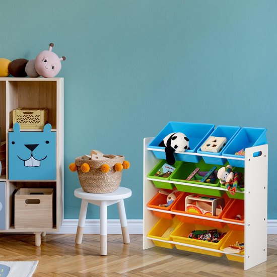 KOMFOTTEU Kinderrek met 2 vakken & 2 opbergboxen, speelgoedrek van hout