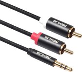 REXLIS 3635 3,5 mm mannelijke naar dubbele RCA vergulde plug Zwart katoen gevlochten audiokabel voor RCA-ingangsinterface Actieve luidspreker, lengte: 5 m