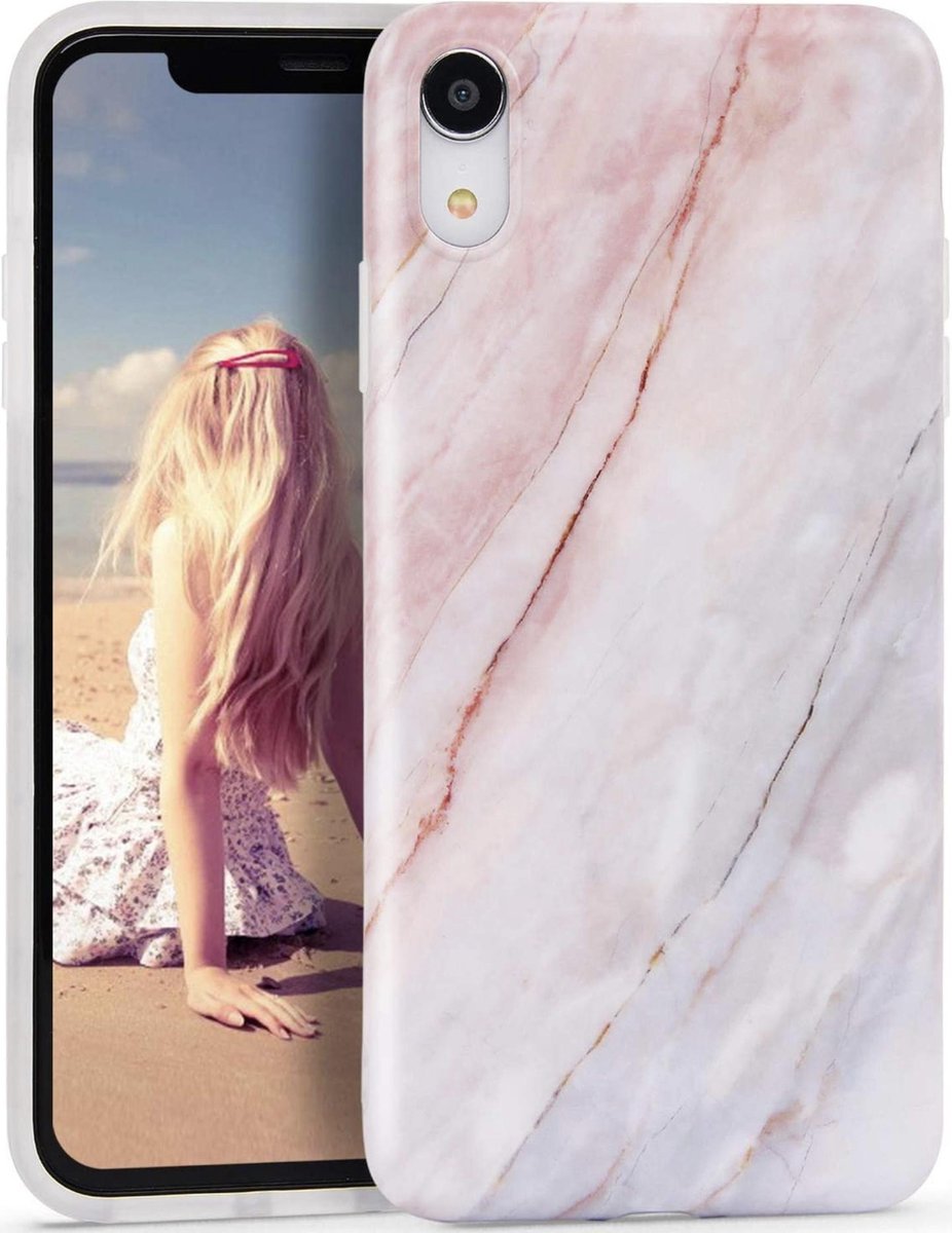Geschikt voor Apple iPhone XR - Roze / Blauw - Marmer - Soft TPU Hoesje