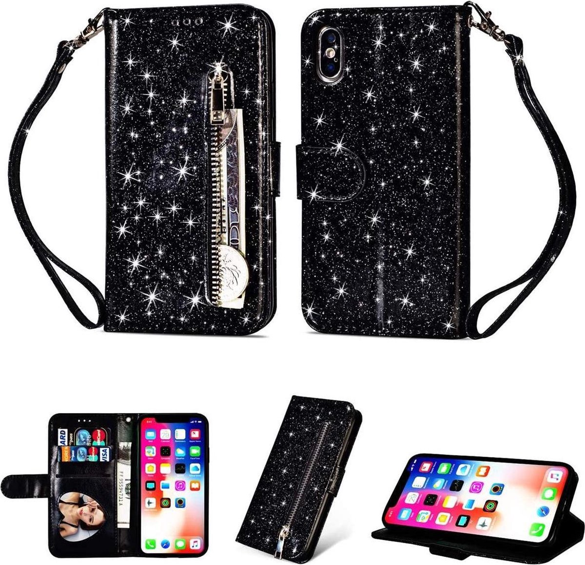 iPhone XR Glitter Bookcase hoesje Portemonnee met rits - Zwart