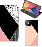 Bookcase Hoesje Geschikt voor iPhone 12 Pro Max Smart Cover Black Pink Shapes