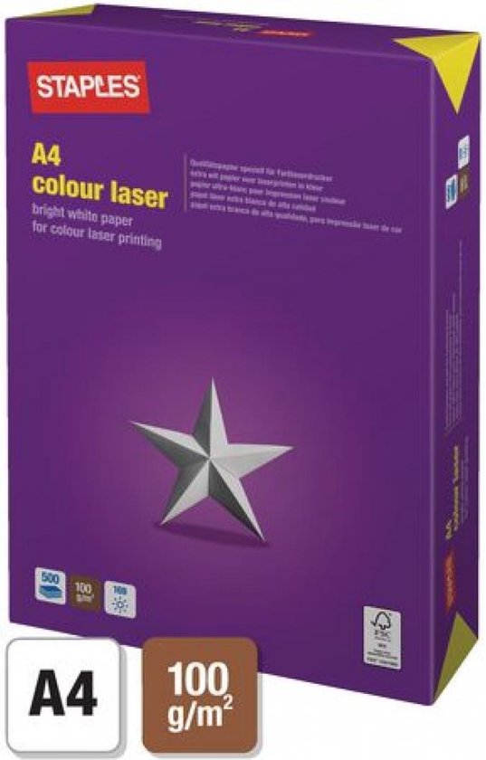 Staples Colour Laser Papier, A4, 100 g/m², Wit (pak 500 vel)