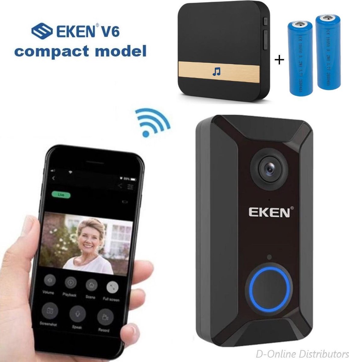 EKEN V5 - HD WiFi Video Deurbel met Camera - Smart Doorbell - Inclusief : 2x Batterijen + Gong met 52 melodieën + Handleiding
