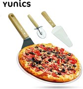 YUNICS® Pizzaschep - Pizza schep - Taartschep -  Ø 25 cm - Houten Handvaten - Inclusief Pizzasnijder En Slice Schep - RVS