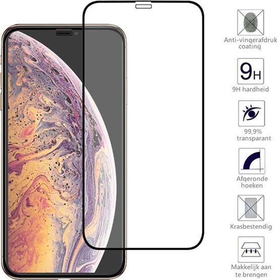 Zwarte screenprotector naast gouden iPhone. Met icoontjes voor anti-vingerafdruk, 9H hardheid, transparant, afgeronde hoeken, krasbestendig, makkelijk aan te brengen.