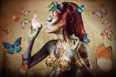160 x 110 cm - Glasschilderij - Vrouw met vlinders - schilderij fotokunst - foto print op glas