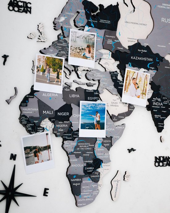 Carte du monde en bois 3D - Grijs - XL (200 x 120)