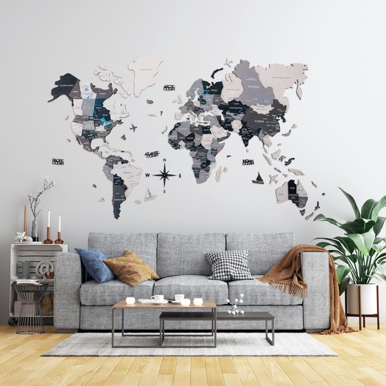 Houten wereldkaart - Grijs - (200 x 120) | bol.com
