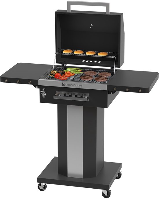 KitchenBrothers Houtskool BBQ – Barbecue Staande Grill - met Wielen – RVS Grillrooster - Houtskool Barbecue met Deksel - Zwart