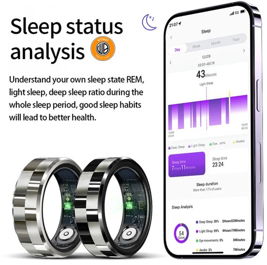 Twee zilveren ringen met geblokte band en twee smartphones met slaapanalyse grafieken.