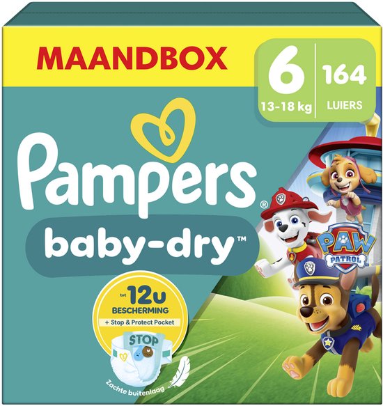 Pampers Baby-Dry - Paw Patrol-editie - Maat 6 (13kg-18kg) - 164 Luiers - Maandbox