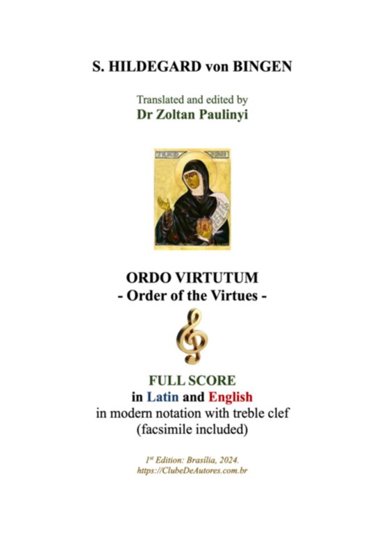 Livre "Ordo Virtutum - Order of the Virtues", partition complète en latin et anglais avec une image de S. Hildegard von Bingen.