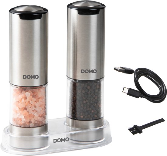 DOMO DO3102 Moulin à sel et poivre électrique - Set - Salière et poivrière - Degré de mouture réglable - Moulin à épices - Rechargeable - USB-C - Zwart