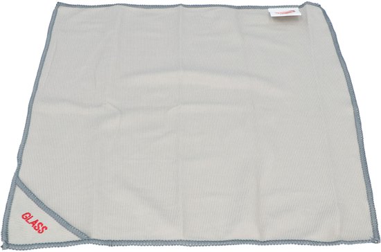 Chiffon Valma Clean & Shine gris, 40x40cm, avec inscription 'GLASS' en lettres rouges.