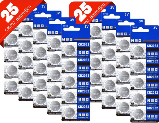 25 verpakkingen Maxenza CR2032 batterijen, elk met 5 batterijen, blauwe en witte verpakking, 3V.
