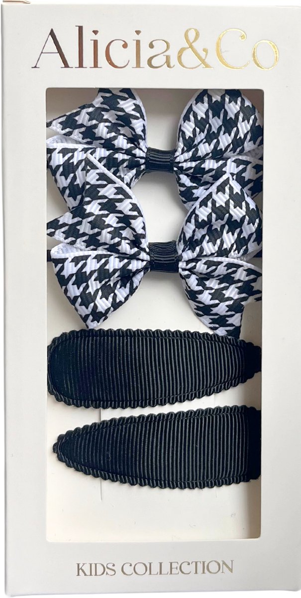 Alicia&Co - Classic Bow Set - Houndstooth - Set van 2 haarclips en 2 haarelastiekjes - cadeau - kraamcadeau - haarelastiekjes zonder metaal - haarspelden & clips - haarelastiekjes baby - haarelastiekjes kind - haarspeldjes kind - haarspeldjes baby