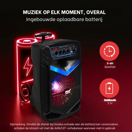 Pyle Bluetooth Luidspreker,Draagbare Speaker met Wielen,400 W,Knipperende Lichten,Incl. Afstandsbediening,Stroomadapter en Bekabelde Microfoon — afbeelding 3