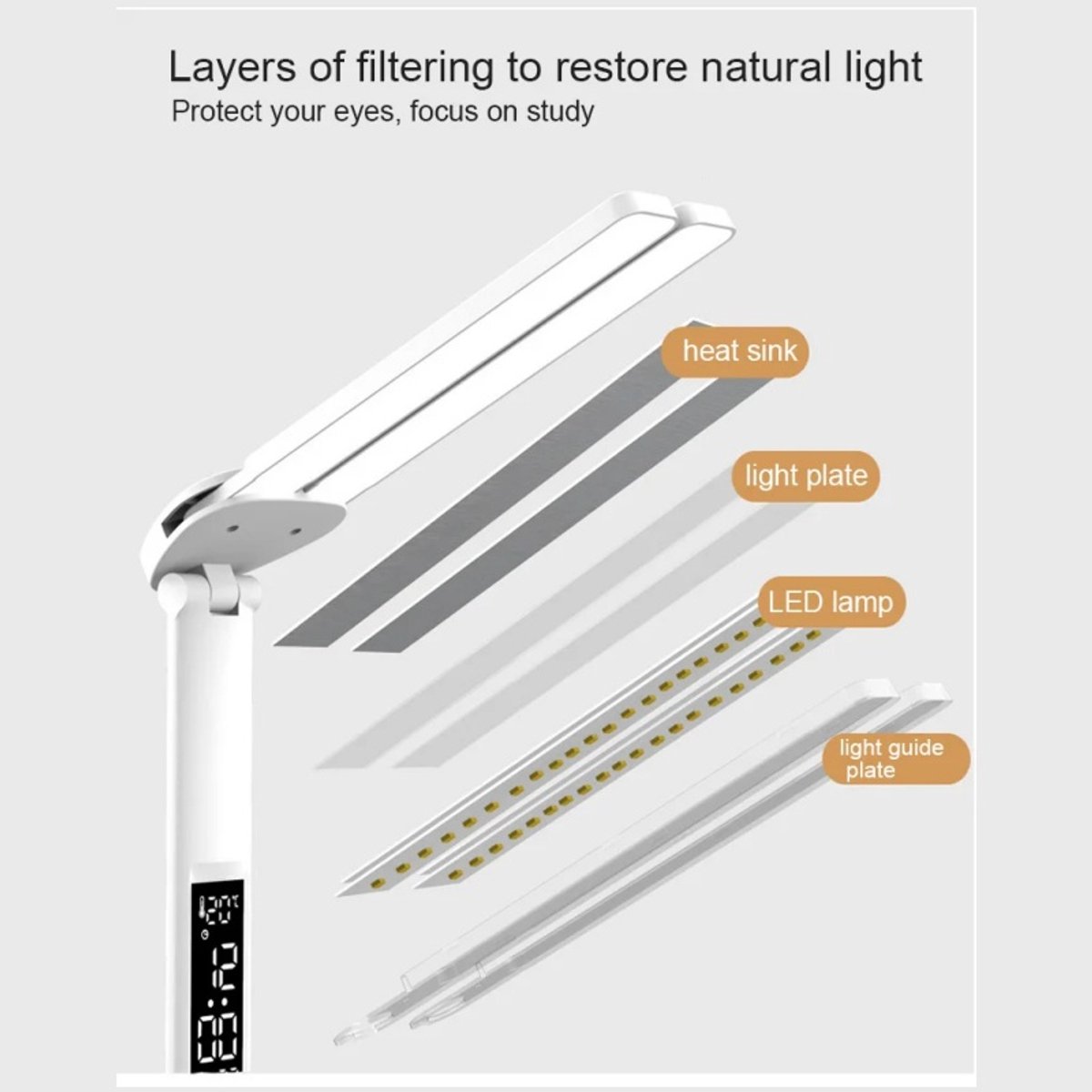 LED Bureaulamp Dubbele Kop, Vouwbaar, Touchscreen, Klok & Thermometer thumbnail 2