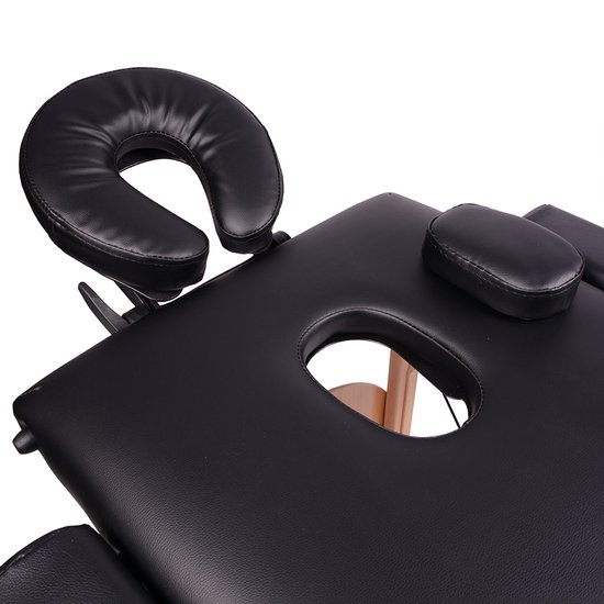 Hoofdsteun en gezichtsgat van de zwarte Alora massagetafel.