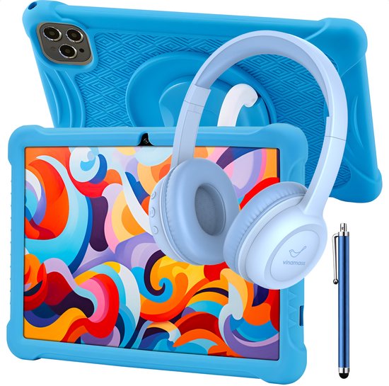 Blauw ATouch kindertablet met kleurrijk scherm, lichtblauwe koptelefoon en blauwe styluspen.
