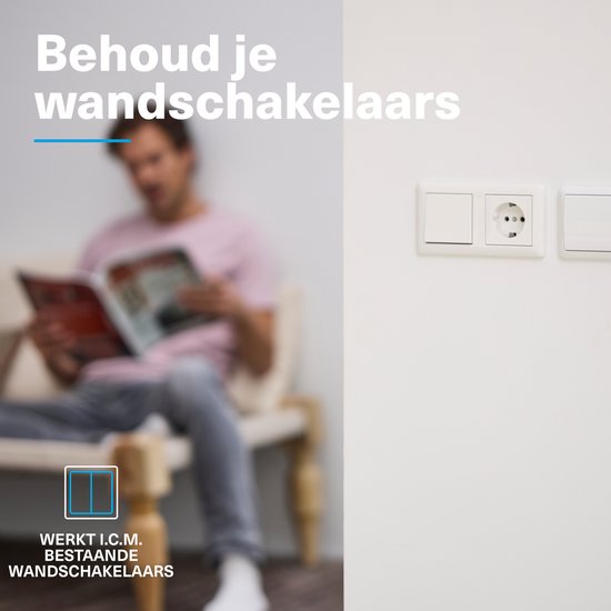 Een man leest een tijdschrift, op de voorgrond een detail van een witte Nederlandse schakelaar en stopcontact.