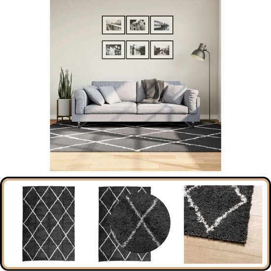 Tapis Shaggy à poils longs - 160 x 230 cm - Zwart /crème - Tapis Shaggy - Tapis doux - Tapis de salon - Tapis de chambre - Groot tapis