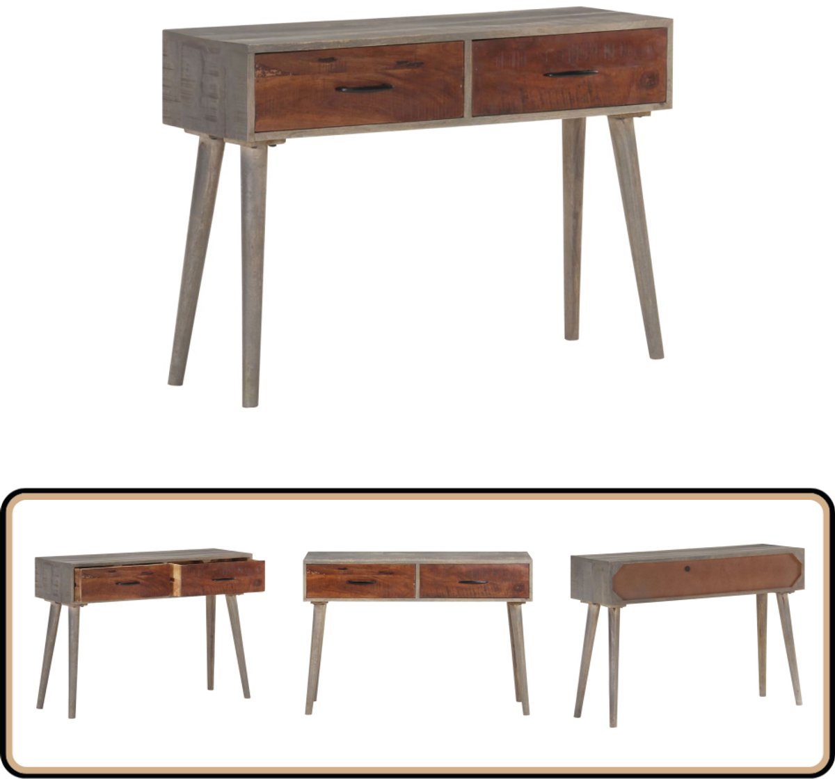 vidaXL Wandtafel - 110x35x75 - cm - massief - ruw - mangohout - grijs grijs en honingbruin