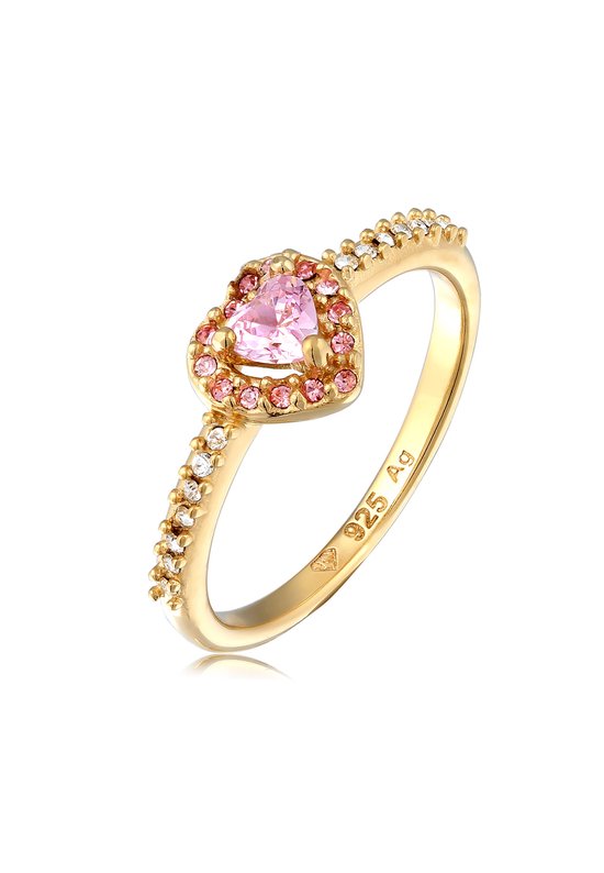 Bague dorée avec une pierre rose en forme de cœur, entourée de cristaux blancs et roses. "925 Ag" est visible sur l'anneau.