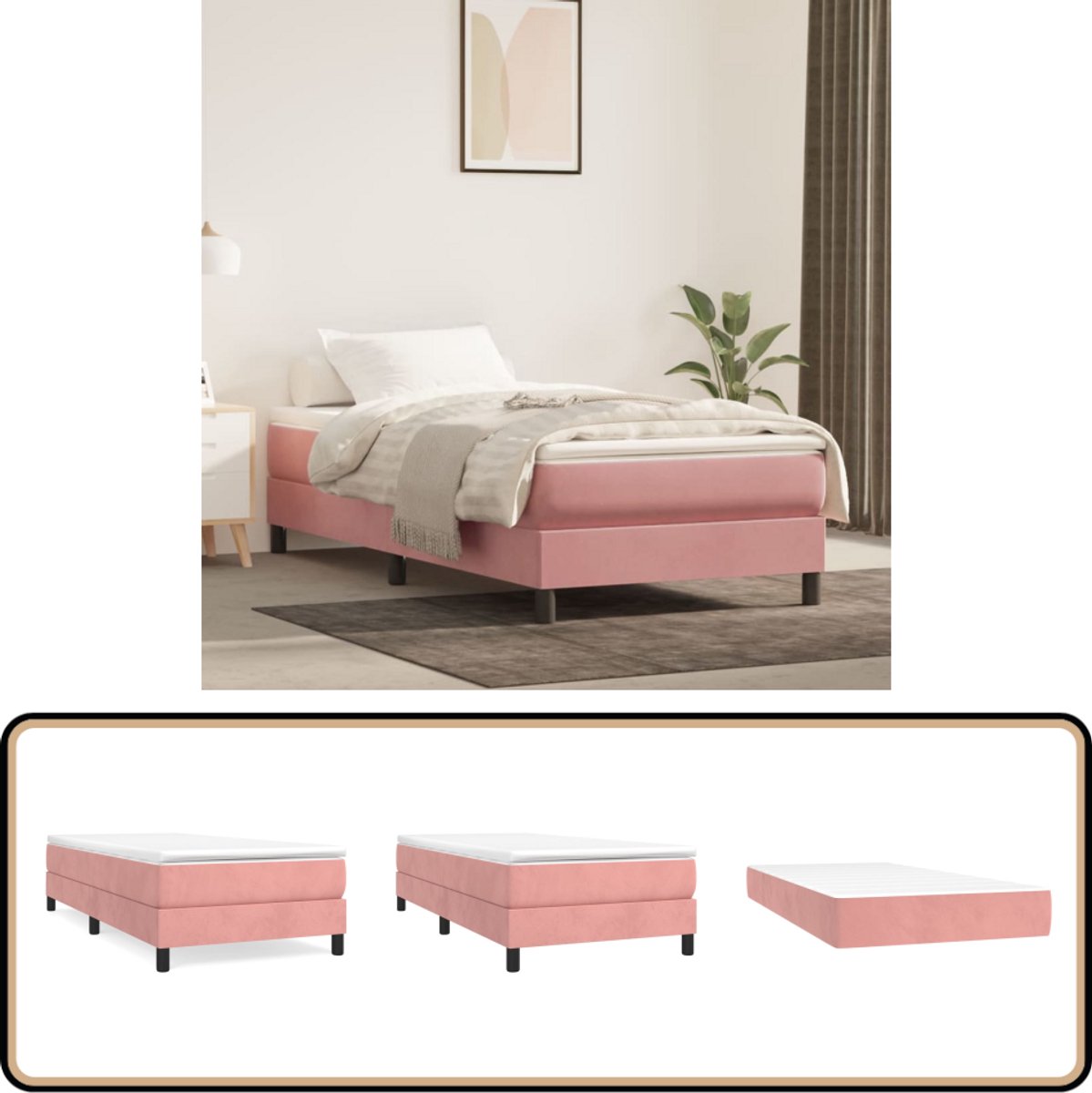 vidaXL Boxspring Fluweel Roze - Inclusief Matras & Topmatras Boxspringbed - Fluweel Bed - Pocketveer Matras - Middelhard Matras - Rosé Bed