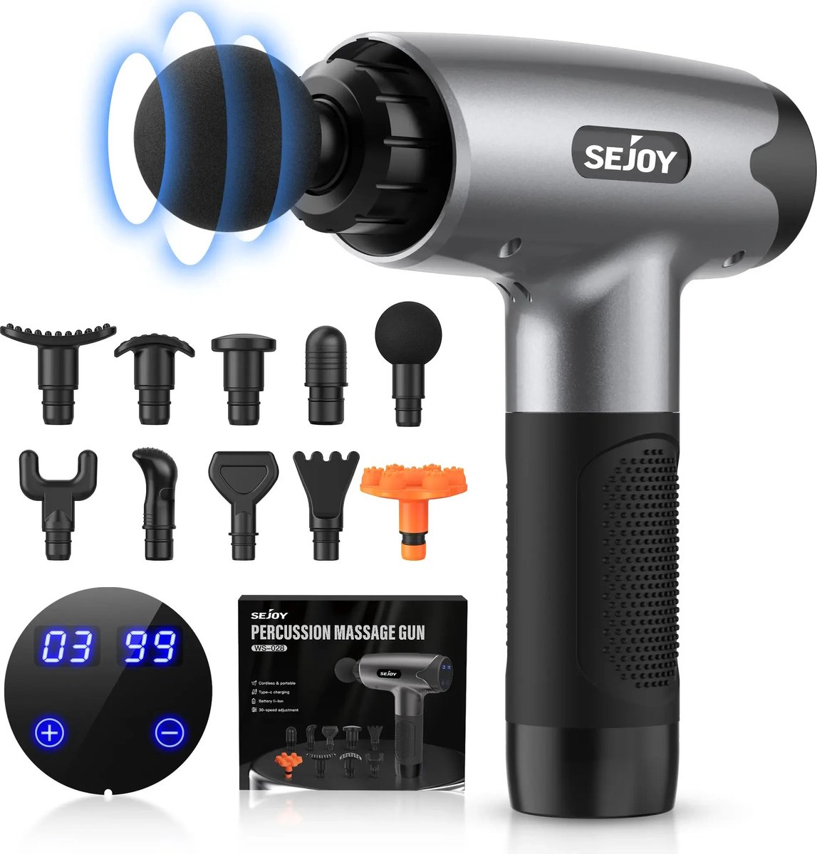 Sejoy- Massage gun- Massage apparaat- Massage gun professioneel- Massagegun- Massage-gun- Masage gun- Massageguns pistool professioneel- Massageapparaten- Nekmassage apparaten- Draadloos- 30 standen- 10 opzetstukken- Professioneel- Grijs - Sejoy- - €79,95