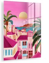 MuchoWow® Glasschilderij 90x120 cm - Schilderij acrylglas - Stad - Roze - Palmbomen - Foto op glas - Muurdecoratie woonkamer - Wanddecoratie slaapkamer - Schilderijen