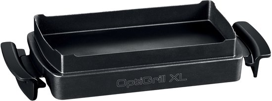 Zwarte OptiGrill XL plancha bakplaat met handvatten.