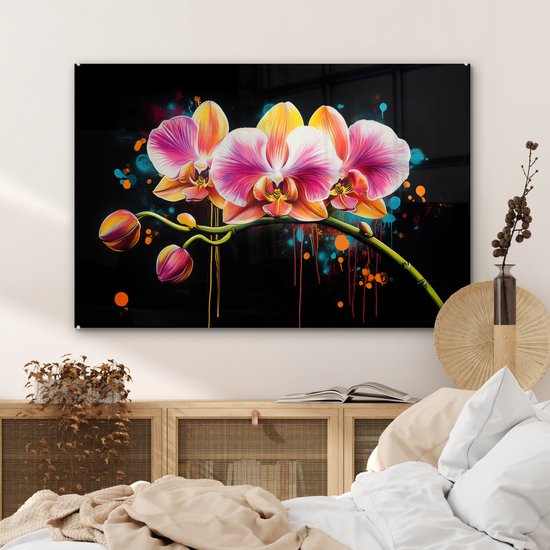 MuchoWow® Tableau sur verre 120x80 cm - Tableau sur verre acrylique - Orchidée - Graffiti - Coloré - Fleurs - Abstrait - Photo sur verre - Décoration murale salon - Décoration murale chambre - Peintures