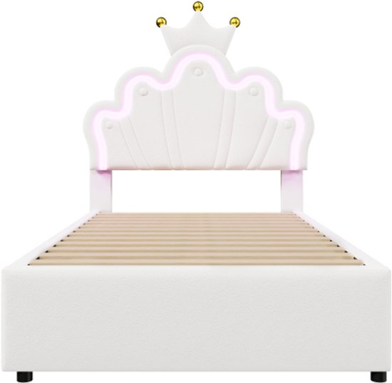 Gestoffeerd bed, zonder matras, op afstand bestuurd sfeerlicht, bed met 2 laden, prinsessenbed in kroonvorm, verstelbaar hoofdeinde, PU, 90 x 200 cm (wit Gestoffeerd bed, zonder matras, op afstand bestuurd sfeerlicht, bed met 2 laden, prinsessenbed in kroonvorm, verstelbaar hoofdeinde, PU, 90 x 200 cm (wit