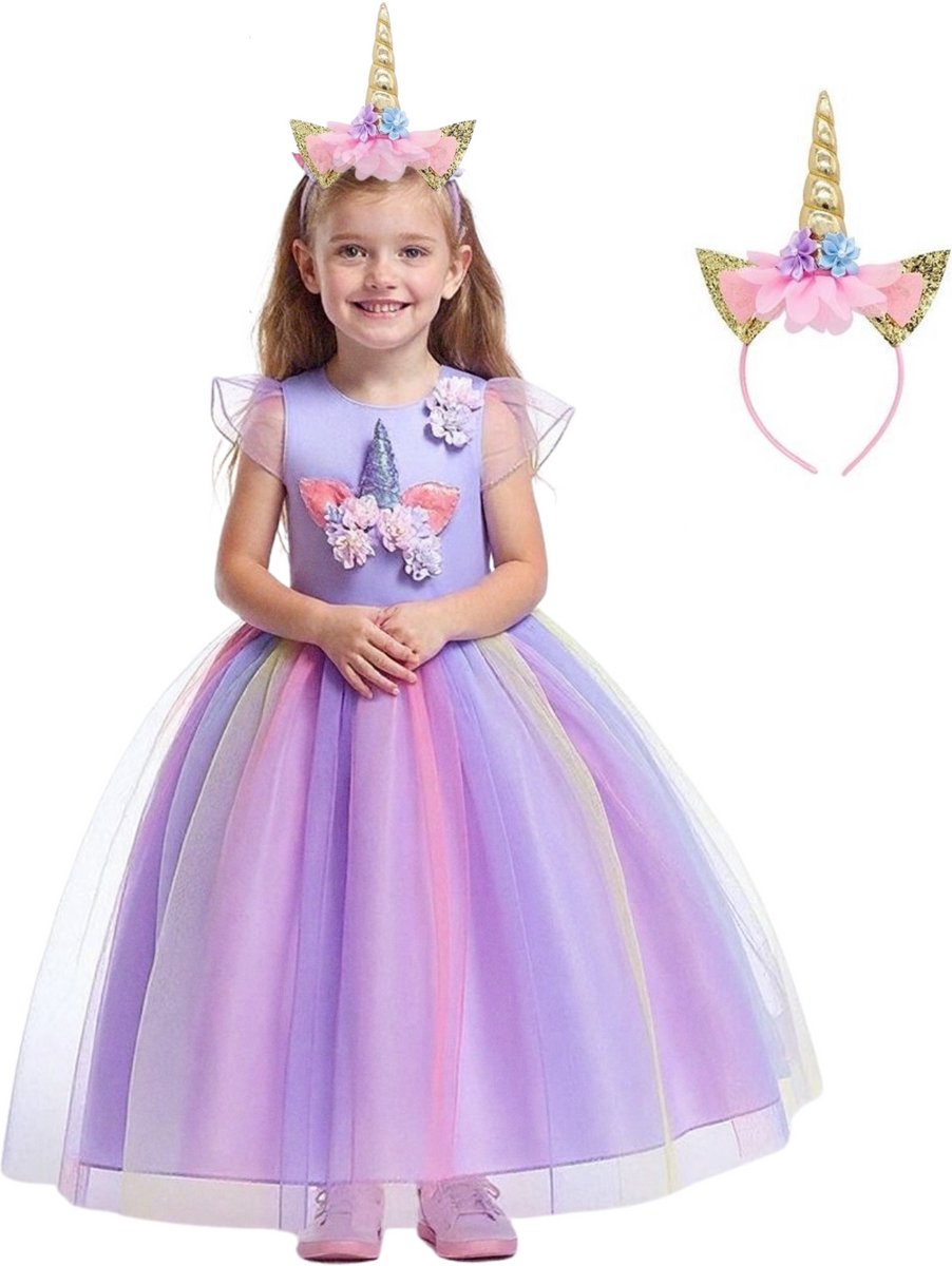 Joya Kids® Paarse Eenhoorn Verkleed Jurk Set | Unicorn Jurk kostuum | Prinsessen jurk verkleedjurk + Haarband | Maat 116-122 (120) | Cadeau meisje