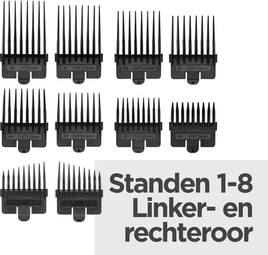 Tien zwarte opzetkammen voor tondeuse, maten 1-8. Tekst: Standen 1-8 Linker- en rechteroor.