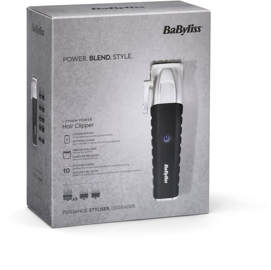 Doos van BaByliss Lithium Power Hair Clipper, met afbeelding van de tondeuse en specificaties.